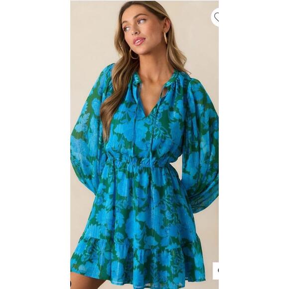 Sugar Lips Long Sleeve Teal & Green Chiffon Mini Dress. Ruffle. Bright. Large. - Picture 2 of 9